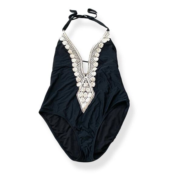 NWT Kona Sol women's black crochet lace deep V one piece swimsuit SZ XL - Picture 3 of 14